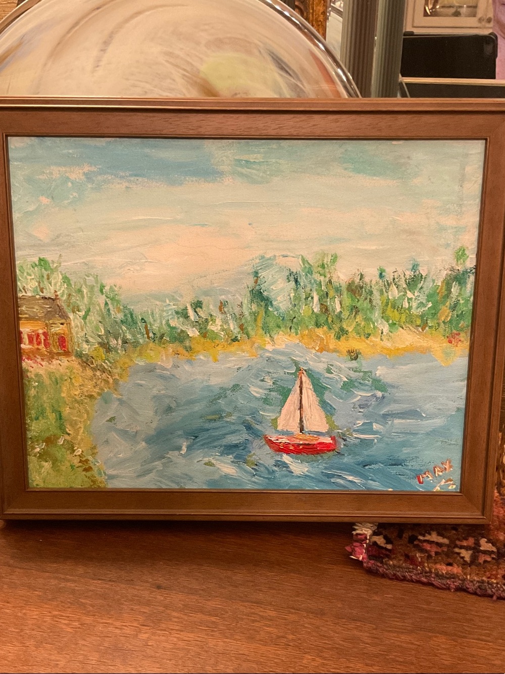 Wonderful original oil painting of house &sailboat!  Colors grand.  Child’s room